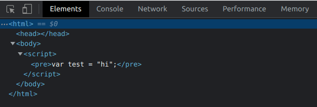 <html><head></head><body><script><pre>var test = "hi";</pre></script></body></html>
